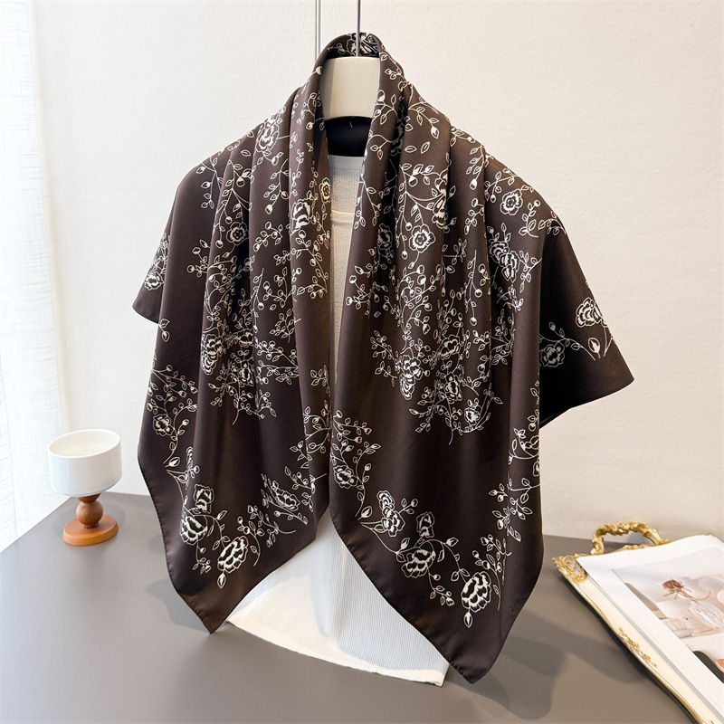 Ascot Neck Scarf - 高級ヴィンテージ 90X90cm 正方形スカーフ女性のためのソフトステインフラワープリントスカーフネックショールワープエレガントなネッカチーフバンダナヒジャブ