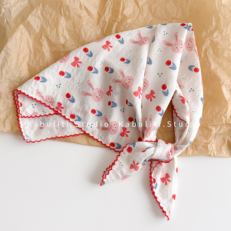 Ascot Neck Scarf - コットンリネンスクエアスカーフ 58cm 花柄プリント 高品質 ソフトで軽量 首の保護