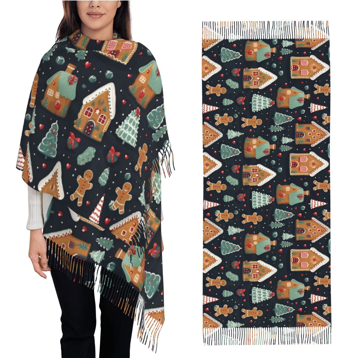 Pashmina Wrap Large - クリスマスの喜び - 女性用の幻想的なジンジャーブレッド柄とお祭り気分のショール・ラップ、冬用の大きめで柔らかいスカーフ、パシュミナ・タッセルスカーフ