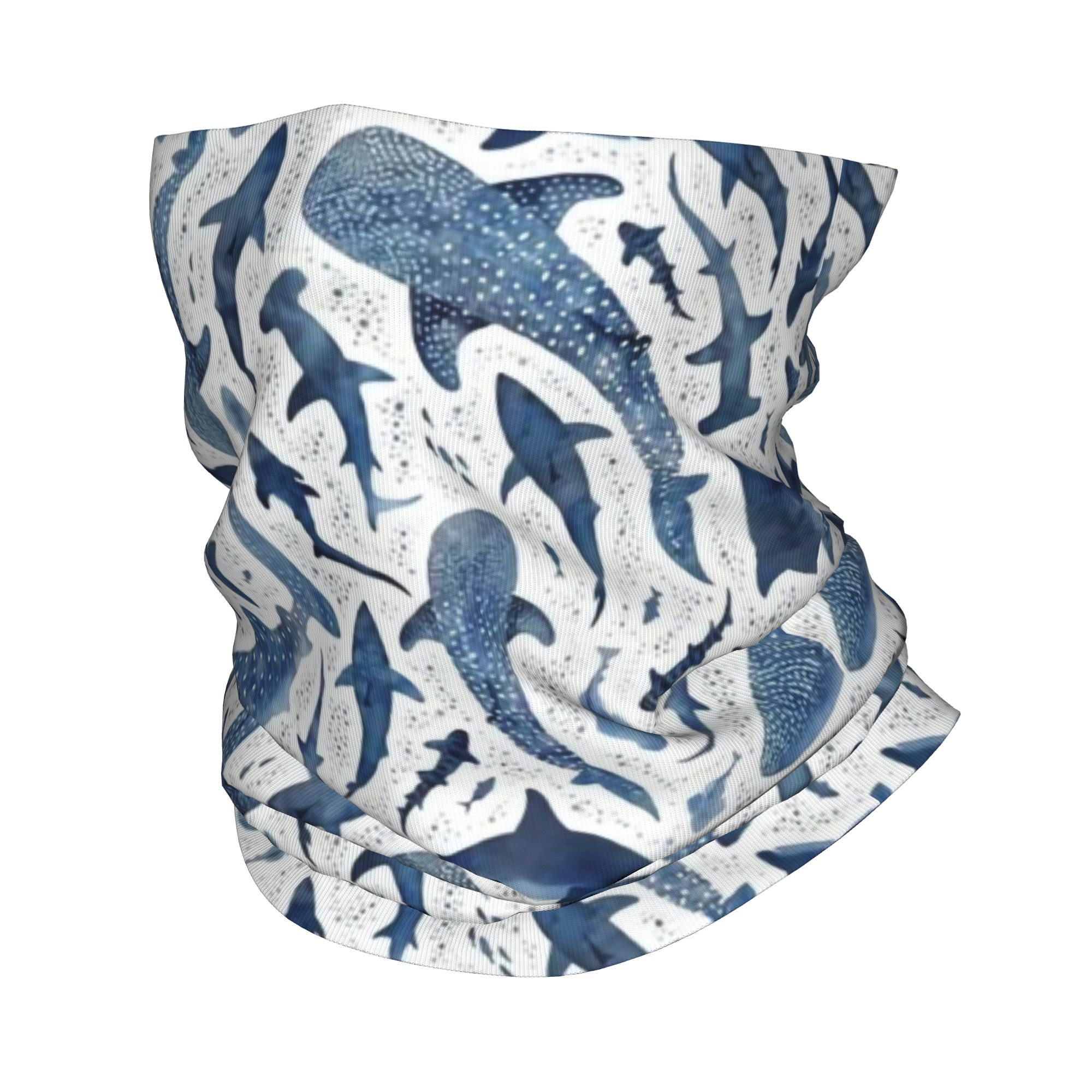 Neck Warmer Tube - カスタムブルー水彩画サメ柄バンダナネックゲイター防風フェイススカーフカバー男女兼用漫画風ヘッドウェアチューブバラクラバ