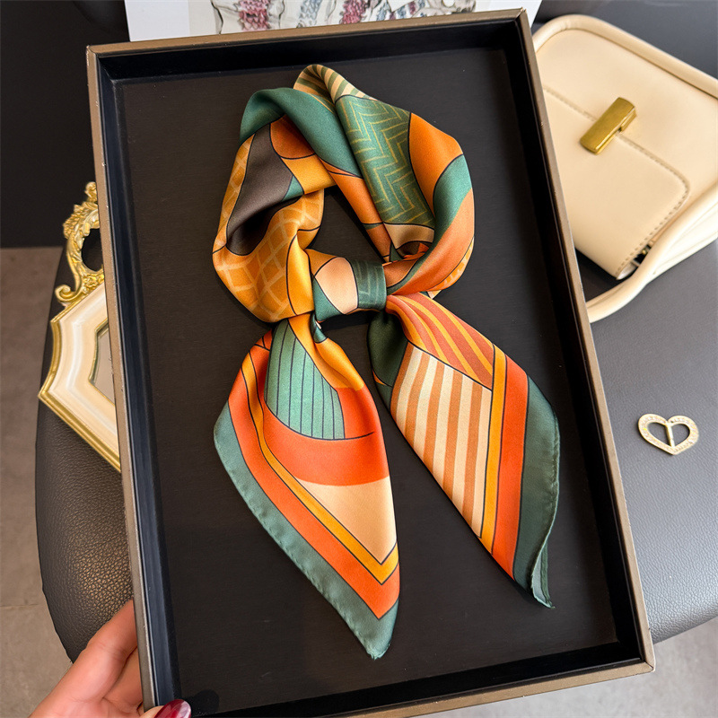 Ascot Neck Scarf - 2026 新幾何学プリントシルクスクエアスカーフ女性装飾ネクタイ 70*70 センチメートルハンカチ女性夏ヒジャーブ女性ネッカチーフラップ