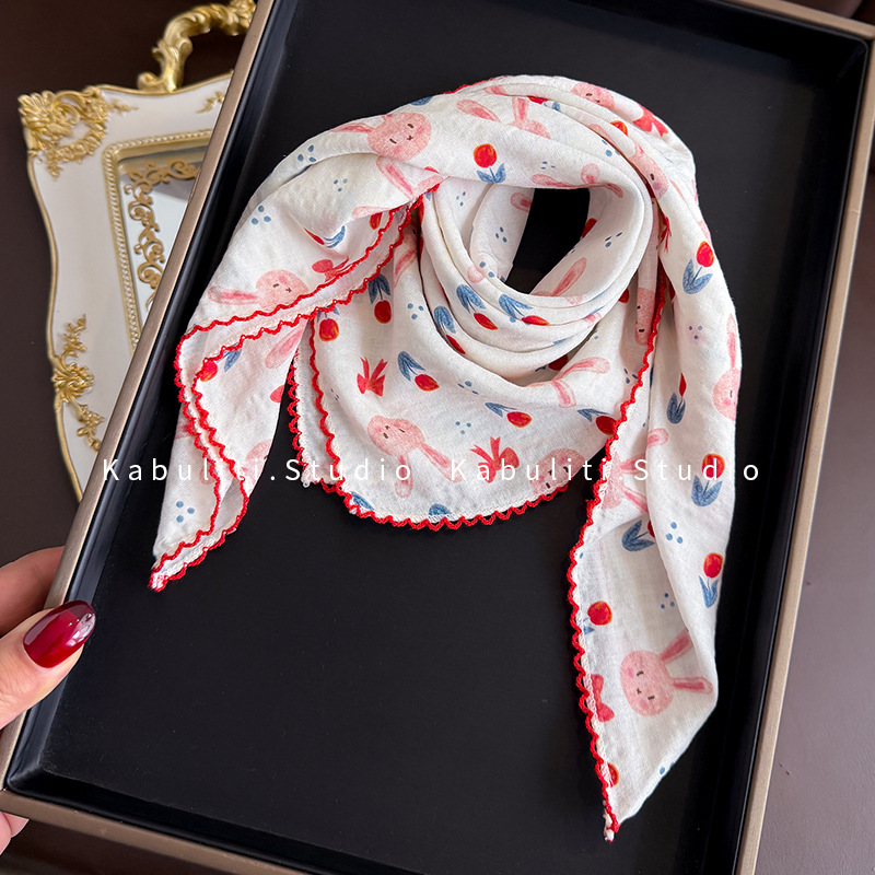 コットンリネンスクエアスカーフ 58cm 花柄プリント 高品 - Ascot Neck Scarf のレビューと価格