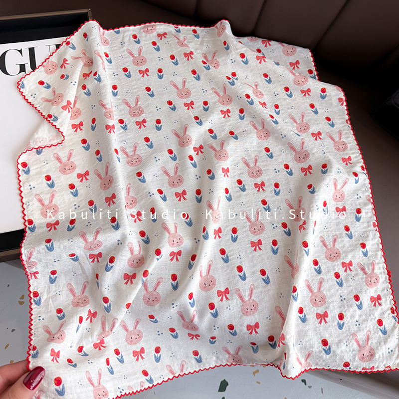 コットンリネンスクエアスカーフ 58cm 花柄プリント 高品 - Ascot Neck Scarf のレビューと価格