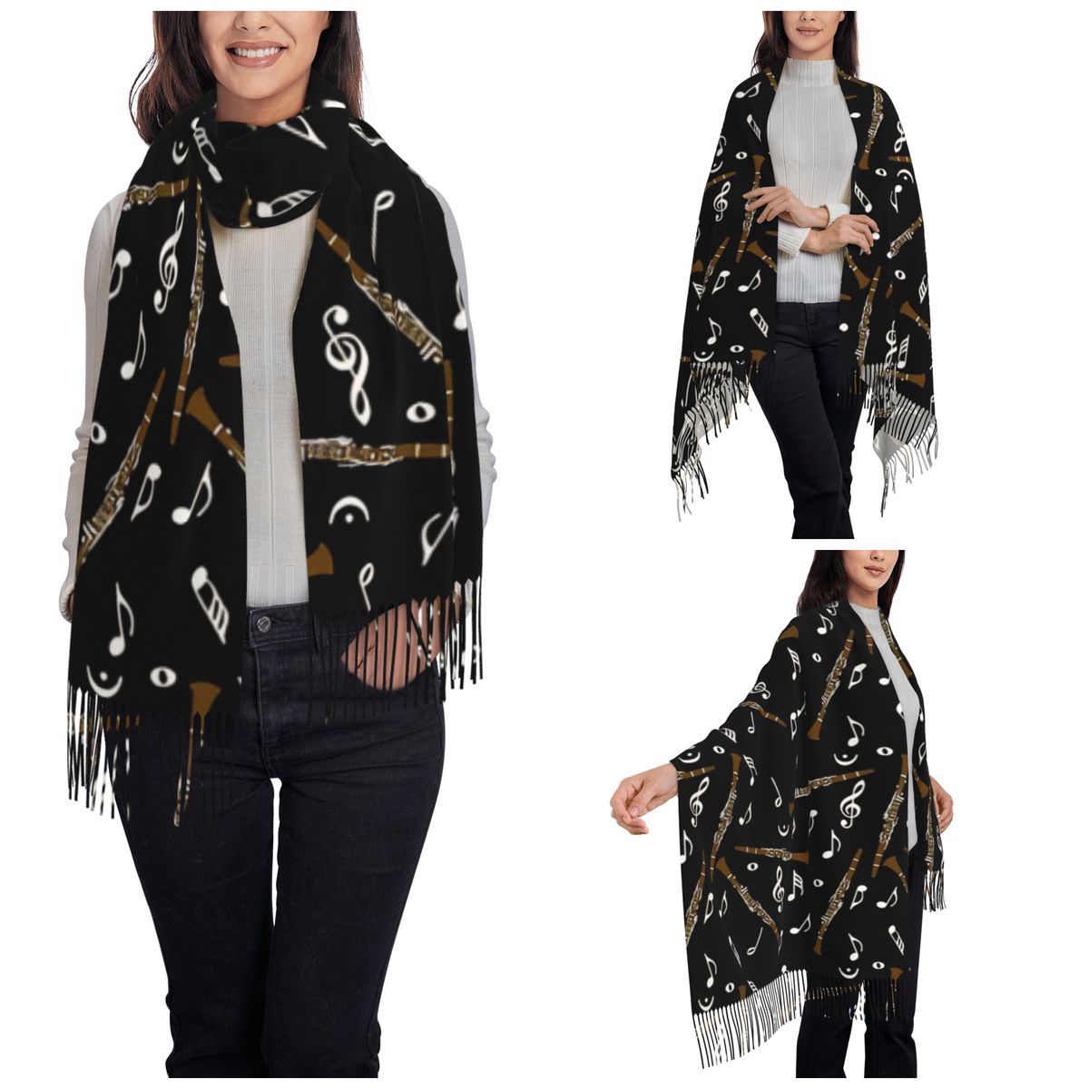 タッセル付きレディーススカーフ クラリネット音符柄 大きな冬 - Pashmina Wrap Large のレビューと価格
